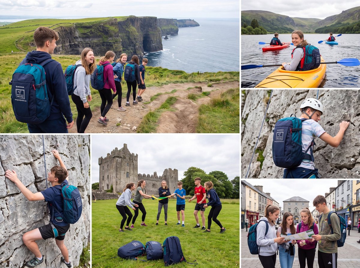 Collage of young people on outdoor adventure activities including hiking coastal cliffs, kayaking, rock climbing, and exploring historic castle grounds